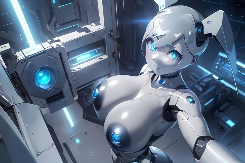 ai_generated big_nipples blue_eyes blue_nipples female grey_background grey_hair jenny_wakeman my_life_as_a_teenage_robot nickelodeon nipples painting ponceai robot robot_girl robot_humanoid robotic_arm technology twitter_username xj-9