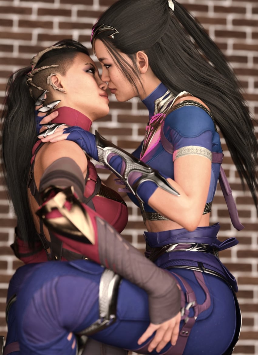 2girls 3d armor black_hair clone clonecest dancing edenian eye_contact female female_only fully_clothed hand_on_thigh imminent_kiss incest kissing kitana kiteena long_hair mileena mortal_kombat mortal_kombat_1_(2023) neck_grab princess rayalterego23 royalty sisters yuri