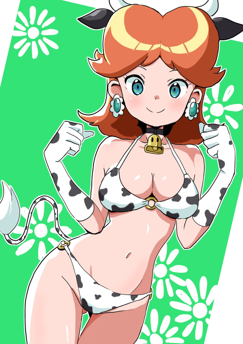 1girls 2024 2d 2d_(artwork) big_breasts big_thighs bikini bikini_bottom bikini_top blue_eyes breasts brown_hair cow_ears cow_girl cow_horns cow_print cow_print_bikini cow_tail cowbell dtsangle ear_ring earrings fake_animal_ears fake_horns female looking_at_viewer mario_(series) nintendo princess_daisy shiny_ass shiny_breasts shiny_butt shiny_hair shiny_skin short_hair skimpy_bikini smile solo thighs