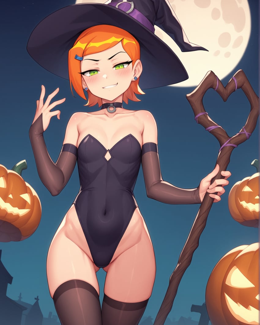 1girls ai_generated bare_arms bare_shoulders ben_10 blush choker collarbone covered_navel earrings elbow_gloves female gluteal_fold green_eyes gwen_tennyson hairclip half-closed_eyes halloween halloween_costume leotard looking_at_viewer moon night notreallyhere orange_hair pumpkin short_hair skindentation small_breasts smile smug solo staff thigh_gap thighhighs trick_or_treat witch witch_costume witch_hat