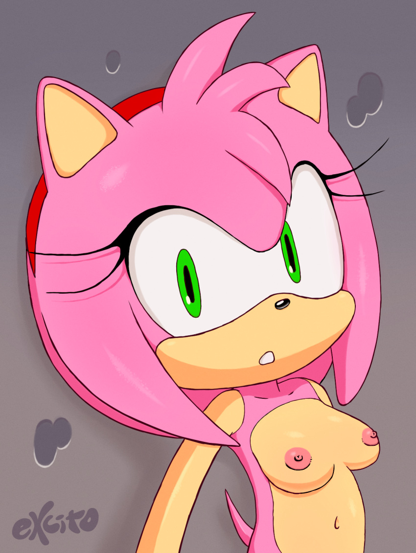 1girls against_wall amy_rose anthro areolae artist_name black_nose breasts erect_nipples erection excito female female_only furry green_eyes hair_ornament hairband hedgehog looking_at_viewer mammal medium_breasts navel nipples nude pink_fur pink_hair pink_nipples sega solo sonic_(series) tail text wall watermark