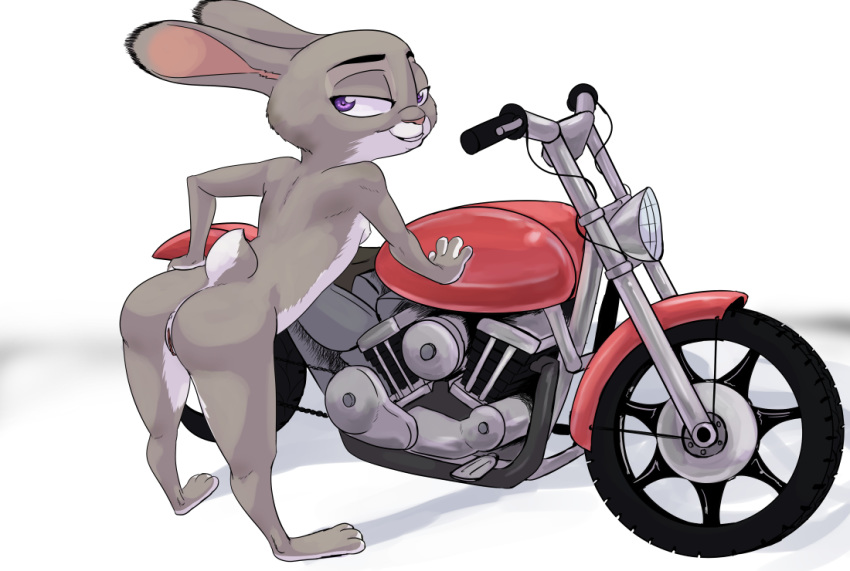 2018 akiric anthro anus ass bedroom_eyes breasts dipstick_ears disney female flat_chest furry half-closed_eyes hand_on_hip judy_hopps lagomorph leaning leaning_forward looking_at_viewer looking_back mammal motorcycle nude presenting_rear purple_eyes pussy rabbit rear_view seductive simple_background small_breasts smile solo standing vehicle white_background zootopia