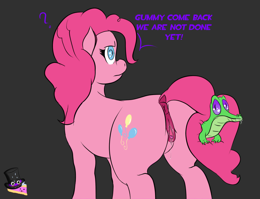 2018 anatomically_correct anatomically_correct_pussy animal_genitalia animal_pussy anus ass big_butt clitoris cutie_mark dock equine equine_pussy eyebrows eyelashes female feral friendship_is_magic frown gummy_(mlp) hair hi_res huge_butt mammal my_little_pony nude pink_hair pinkie_pie_(mlp) pussy pussy_juice simple_background standing text unknown_artist