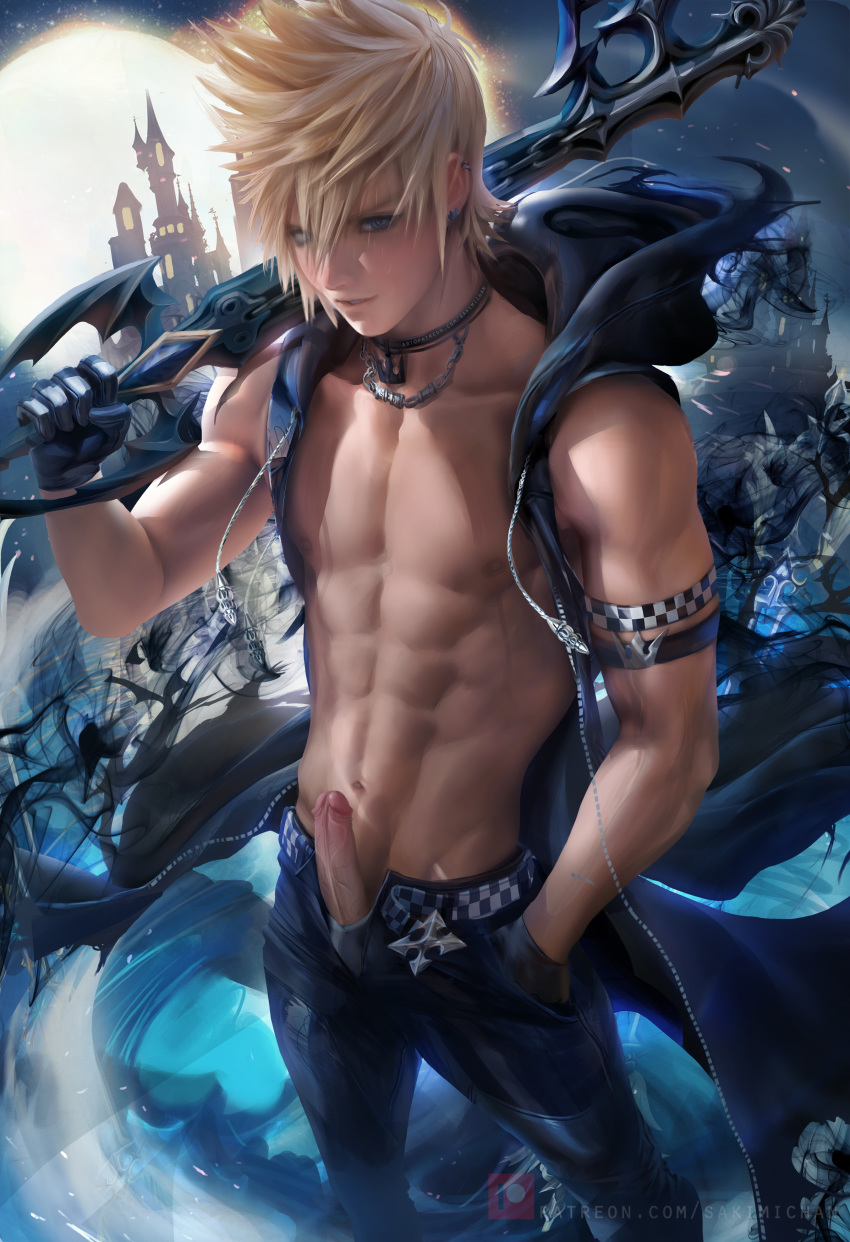 abs aged_up black_coat blonde_hair blue_eyes castle casual erection footwear handwear human keyblade kingdom_hearts male male_focus male_only neckwear nobody_(kingdom_hearts) nude outerwear pale_skin penis roxas sakimichan sword topless uncensored weapon