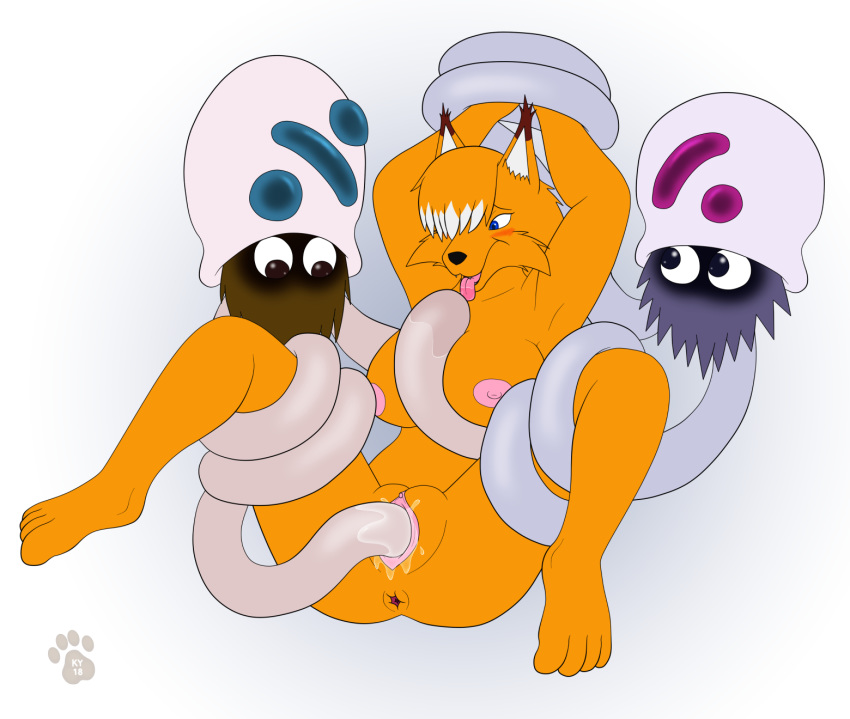 2018 alef ambiguous_gender amigo_(shining_force) anthro anthro_only anus arms_above_head blue_eyes blush bound breasts canine consensual_tentacles digital_media_(artwork) domingo feet female female/ambiguous fox fur furry group group_sex hair hair_over_eye hi_res humanoid_feet ky_(malamute) large_breasts mammal nipples no_humans nude open_mouth orange_fur penetration pussy pussy_juice saliva saliva_string sex shining_(series) shining_force simple_background smile spread_legs spreading tentacle tentacle_sex threesome tongue tongue_out unknown_species vaginal_penetration video_games