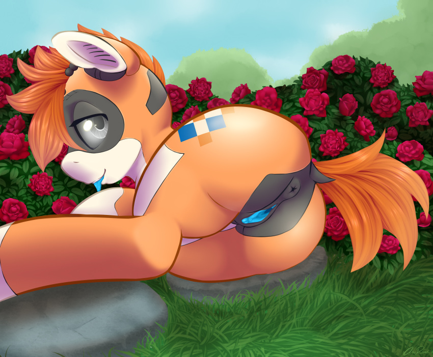 1girls 2018 absurd_res aisuroma anthro anus ass clitoral_winking clitoris digital_media_(artwork) dock equine female female_only feral flower furry grass hair hi_res kiva_(amazon) kiva_(oc) looking_at_viewer lying mammal my_little_pony on_side original_character outside plant pussy rose solo tongue tongue_out