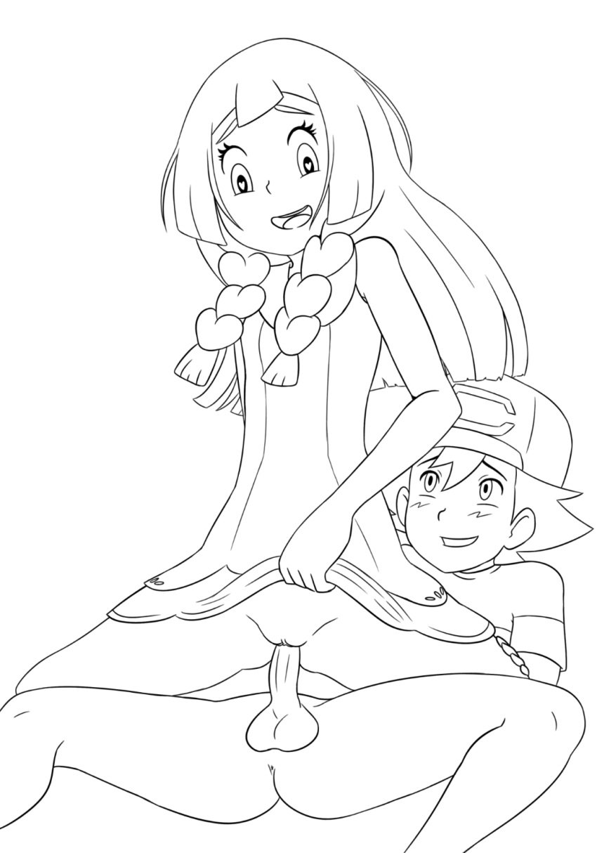 1boy 1girls clothed clothed_sex dress dress_lift fufan lillie_(pokemon) monochrome pokemon pokemon_sm satoshi_(pokemon) sex vaginal_penetration