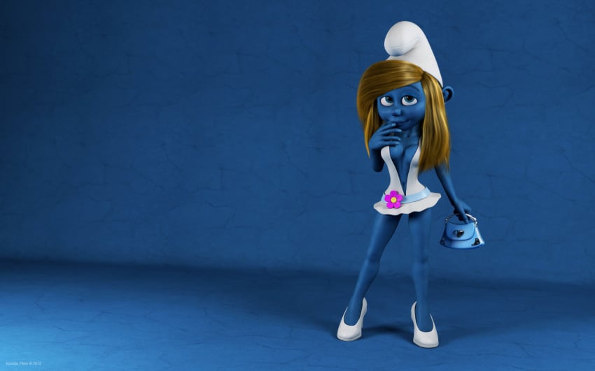 1girls 3d artist_name bare_shoulders big_breasts blonde_hair blue_eyes blue_lips blue_skin breasts busty cleavage curvy detailed_background dress eyelashes female female_only flower front_view handbag hat high_heels holding_object hourglass_figure humanoid kondaspeter looking_at_viewer mammal pose posing purse shadow shiny shiny_skin smurfette solo spread_legs spreading standing the_smurfs voluptuous white_dress wide_hips yellow_hair