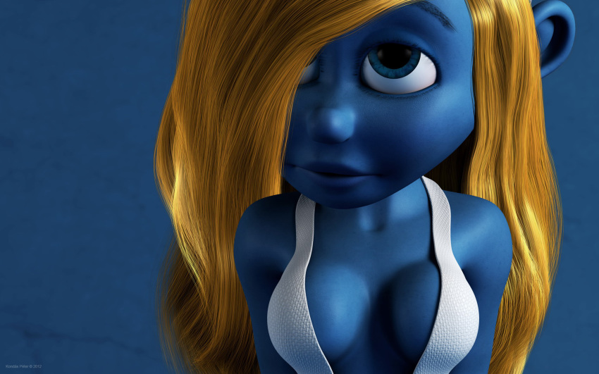 1girls 3d artist_name bare_shoulders big_breasts blonde_hair blue_eyes blue_lips blue_skin breasts busty curvy detailed_background dress eyelashes female female_only front_view hair_over_one_eye hourglass_figure humanoid kondaspeter looking_up mammal pose posing shiny shiny_skin smurfette solo standing the_smurfs voluptuous white_dress wide_hips yellow_hair