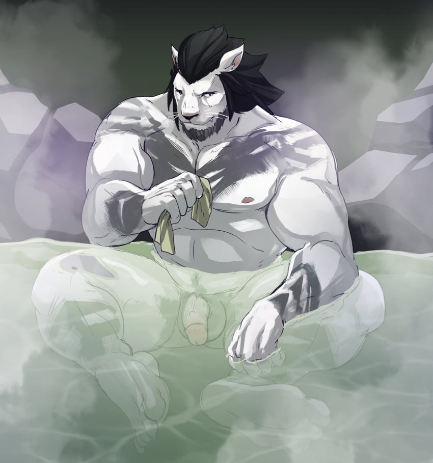 2020 abs anthro balls beard biceps black_fur black_hair facial_hair fangs feet felid final_fantasy final_fantasy_xiv flaccid fur genitals hair hi_res hot_spring hrothgar kumammoto_(artist) male male_only mammal multicolored_body multicolored_fur muscular muscular_anthro muscular_male nipples nude partially_submerged pecs penis quads runar_(ffxiv) sharp_teeth sitting solo square_enix steam teeth triceps two_tone_body two_tone_fur vein veiny_penis video_games water whiskers white_body white_fur