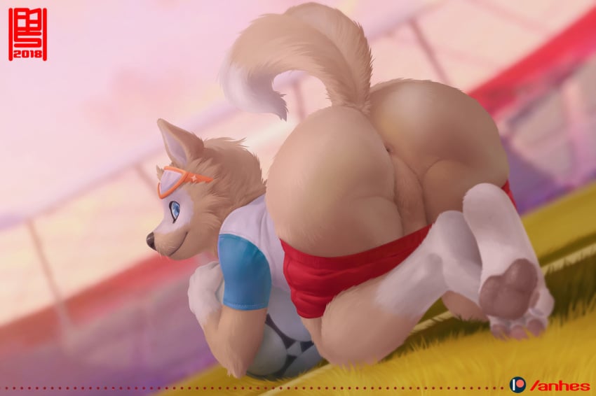 1boy anhes anthro anus ass balls barefoot big_butt canine fur furry looking_at_viewer looking_back male male_only mammal mascot pawpads paws perineum presenting presenting_anus presenting_hindquarters smile soccer solo sport wolf world_cup zabivaka