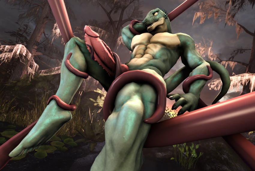 3d alligator anthro crocodilian cum erection knot male male_only muetank nude open_mouth outside penis reptile scalie solo source_filmmaker swamp teeth tentacle video_games