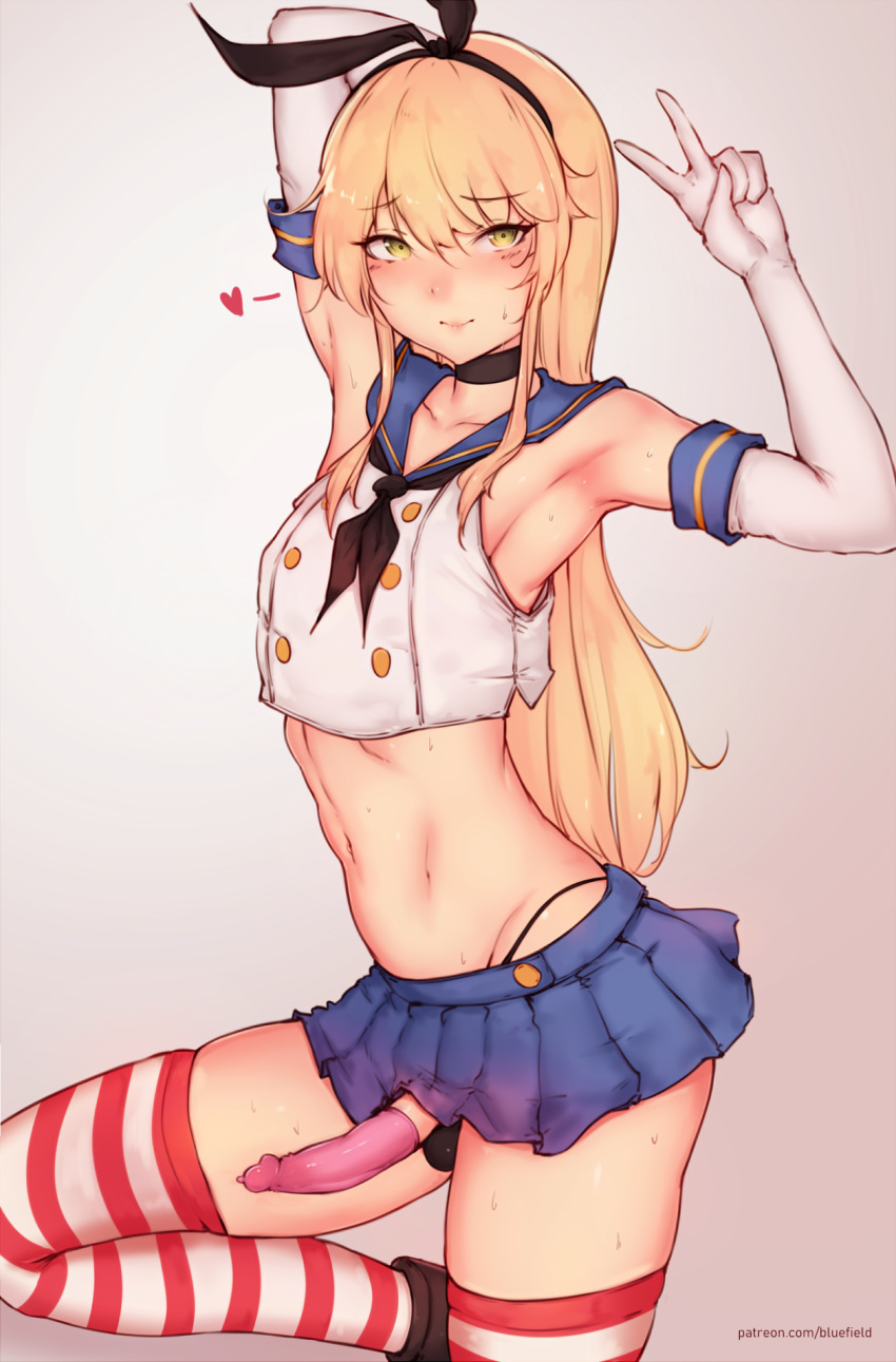 1boy armpits arms_up black_panties blonde_hair bluefield blush choker closed_mouth collarbone condom condom_on_penis cosplay crop_top crossdressing elbow_gloves erection femboy girly gloves hairband heart highleg highleg_panties highres horizontal-striped_legwear horizontal_stripes hung_trap kantai_collection lips long_hair looking_at_viewer male male_focus male_only midriff miniskirt navel panties penis rule_63 sailor_collar school_uniform serafuku shimakaze_(kantai_collection) shimakaze_(kantai_collection)_(cosplay) skirt smile solo standing standing_on_one_leg striped striped_legwear sweat thighhighs trap underwear v white_gloves