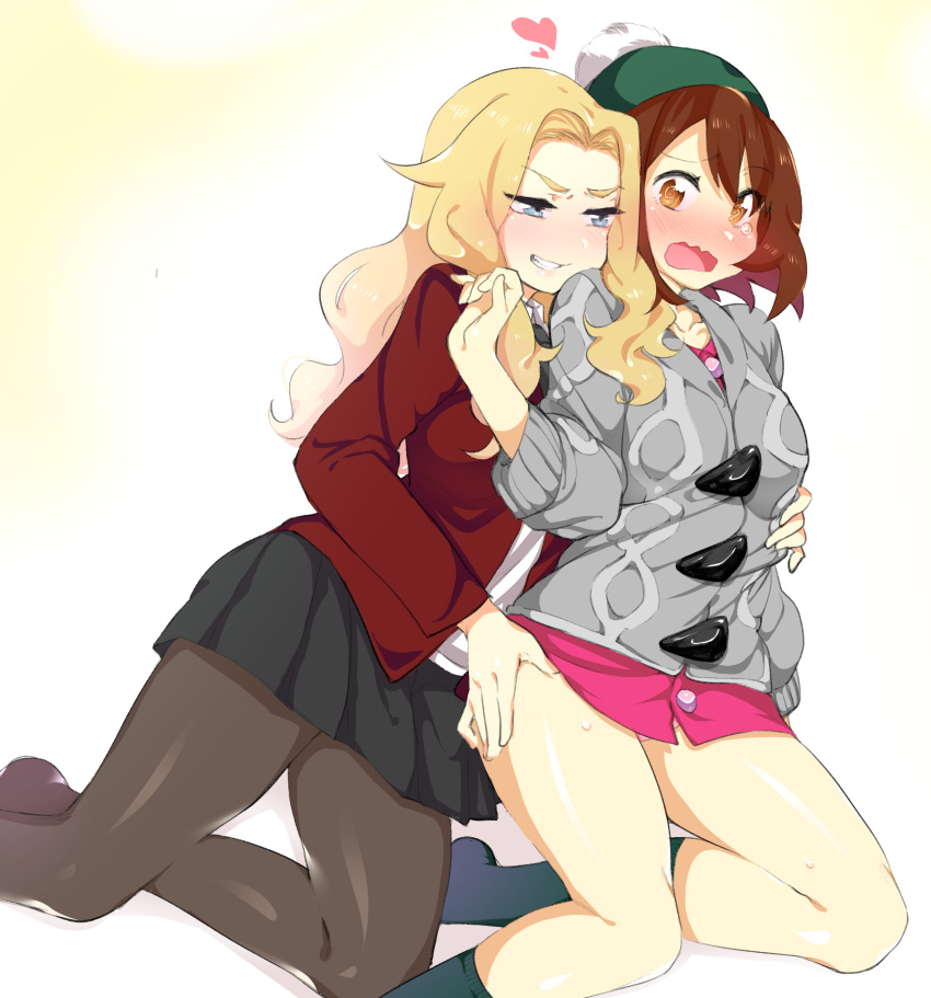 2girls ass blonde_hair blush breasts brown_hair clothed female female_only from_behind gloria_(pokemon) grin half-closed_eyes hand_on_leg hat heart human human_only jacket kneeling lass_(pokemon) lass_(pokemon_ss) long_hair nintendo npc_trainer open_mouth otxoa60 panties pantyhose pink_panties pokemon pokemon_ss shirt short_hair skirt sweat tears teeth tongue wavy_mouth wide_hips yuri