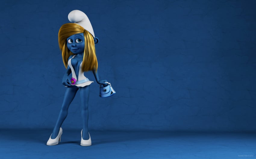 1girls 3d artist_name bare_shoulders big_breasts blonde_hair blue_eyes blue_lips blue_skin breasts busty cleavage curvy detailed_background dress eyelashes female female_only flower front_view handbag hat high_heels holding_object hourglass_figure humanoid kondaspeter looking_at_viewer mammal pose posing purse shadow shiny shiny_skin smurfette solo spread_legs spreading standing the_smurfs voluptuous white_dress wide_hips yellow_hair
