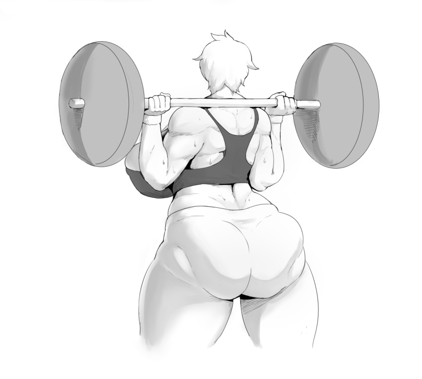 1girls ass barbell curvy donaught exercise female from_behind huge_breasts miffu monochrome muscular_female original short_hair solo sports_bra sweat thick_thighs weightlifting weights wide_hips yoga_pants