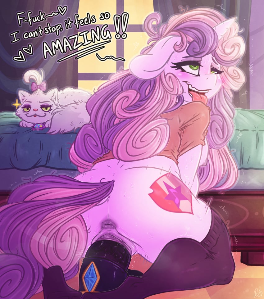 2018 absurd_res aged_up anthro anus ass bed breasts clothing cutie_mark dialogue digital_media_(artwork) dildo dildo_sitting dimwitdog duo english_text equine feline female friendship_is_magic fur green_eyes hair hair_on_head hasbro hi_res horn inside legwear long_hair looking_pleasured mammal motion_lines multicolored_hair my_little_pony nipples opalescence_(mlp) penetration pussy sex_toy signature sweetie_belle_(mlp) text tongue tongue_out two_tone_hair unicorn vaginal_penetration white_fur