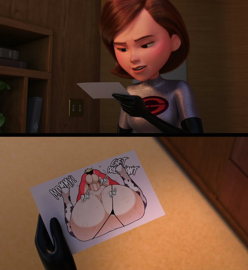 1girls 2_panel_comic 3d anus asshole balls bob_cut brown_hair caught cow_print cow_print_bikini dash_parr drawing elastigirl elastigirl_(the_incredibles_2_supersuit) english_text fat_ass helen_parr high_resolution highres humiliated implied_incest incest mating_press mother mother_and_son older_female older_female_and_younger_male picture pixar plap rebelrock size_difference son superhero superheroine the_incredibles the_incredibles_2 thick_ass thick_thighs thrusting