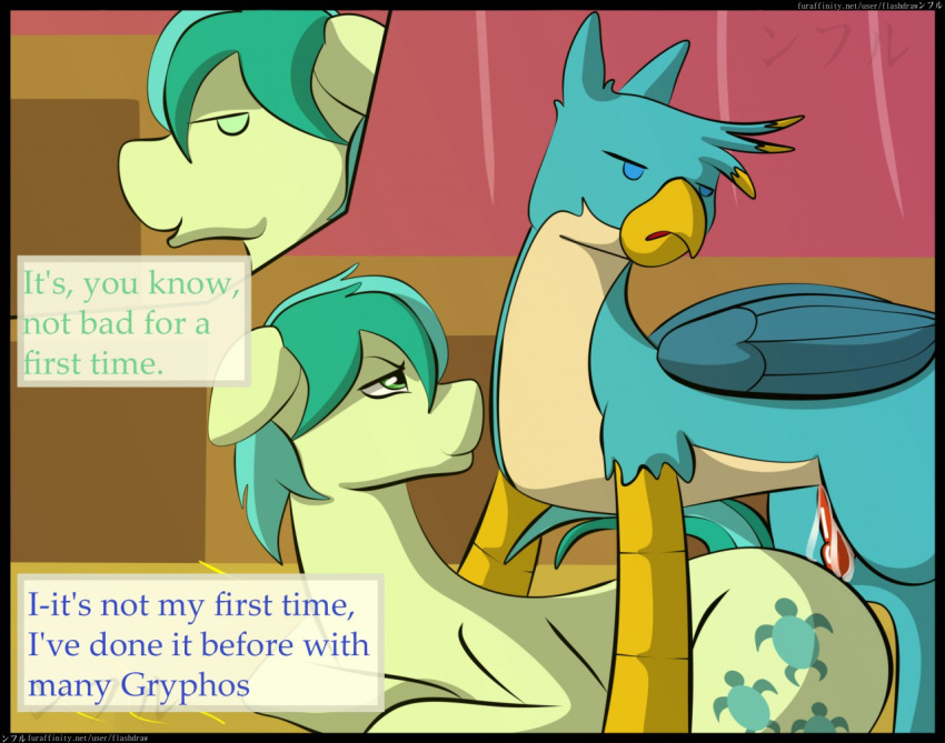 2018 avian comic cum cum_on_penis dialogue english_text equine flash_draw friendship_is_magic gallus_(mlp) hair horse male mammal my_little_pony penis sandbar_(mlp) text yaoi