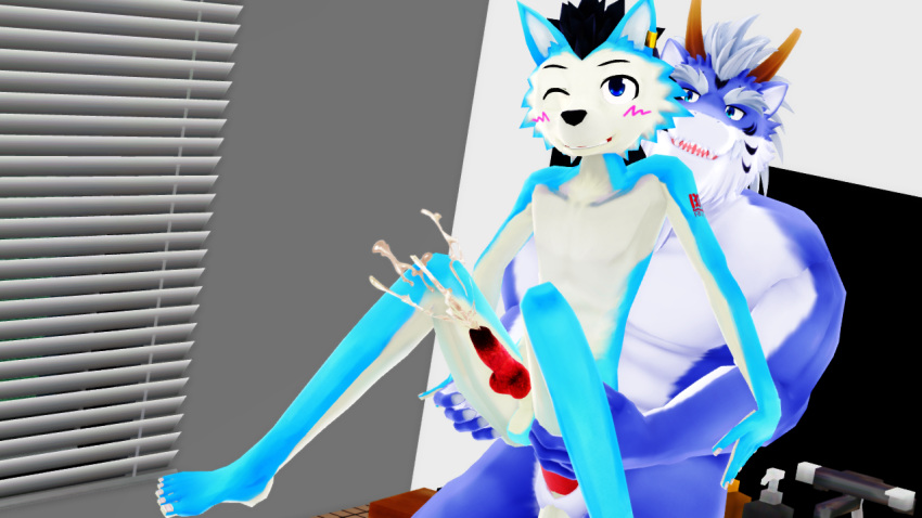 3d 5_fingers anal anal_sex animal_genitalia animal_penis anthro balls beard black_hair blue_eyes blue_fur blush canine canine_penis cum cum_while_penetrated cumshot dragon duo ejaculation erection eyewear facial_hair father father_and_son fur glasses hair horn incest kemono knot male malicekira mammal mature_male nude old one_eye_closed open_mouth orgasm parent penetration penis rou_kemonone scalie sex shiki_taigen size_difference smile son stand_and_carry_position standing teeth tongue utau white_fur white_hair wince wolf yaoi