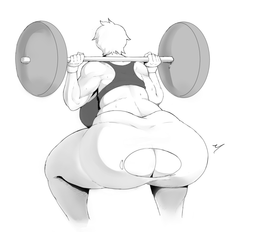 1girls ass barbell curvy donaught exercise female from_behind huge_breasts miffu monochrome no_panties original short_hair solo sports_bra squatting sweat thick_thighs torn_clothes torn_pants weightlifting weights wide_hips yoga_pants