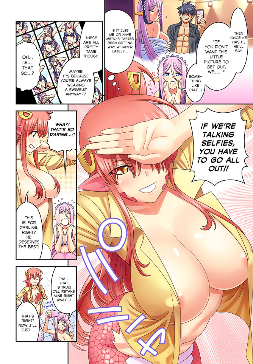 comic covered_nipples dialogue hair_ornament kimihito_kurusu lamia manga mermaid meroune_lorelei miia_(monster_musume) monster_girl monster_musume_no_iru_nichijou nipple_bulge nipples okayado pink_hair pink_scales red_hair red_scales selfie snake text translated yellow_eyes