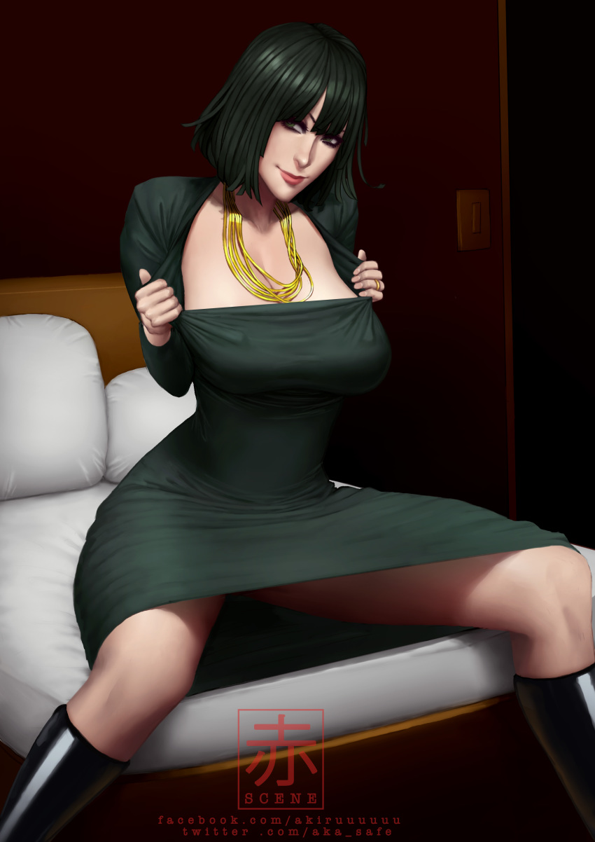 1girls akiru big_breasts boots clothed dark_hair dress female female_only fubuki_(one-punch_man) green_eyes green_hair huge_breasts large_breasts long_hair long_legs necklace one-punch_man solo spread_legs tease