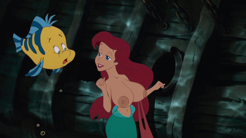 ariel big_breasts big_nipples blue_eyes breasts bubbles disney disney_princess edit female fish flounder green_eyes hard_nipples huge_breasts large_breasts lipstick long_hair male mermaid nipples open_mouth red_hair screenshot screenshot_edit smile teeth the_little_mermaid tongue topless underwater