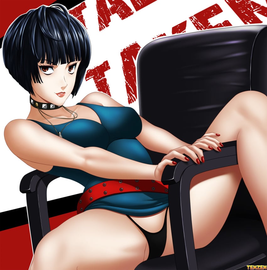 atlus big_breasts blue_hair brown_eyes doctor female female_only looking_at_viewer mature_female panties persona persona_5 short_hair smile solo solo_female solo_focus tae_takemi tenzen thick_thighs