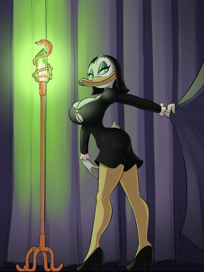 anthro ass avian black_dress black_hair breasts cleavage clothed curvy disney dress duck ducktales eyelashes eyeshadow female female_only full_body green_eyes high_heels highres hourglass_figure large_breasts magica_de_spell minidress short_hair smile solo standing tail thingshappen white_feathers