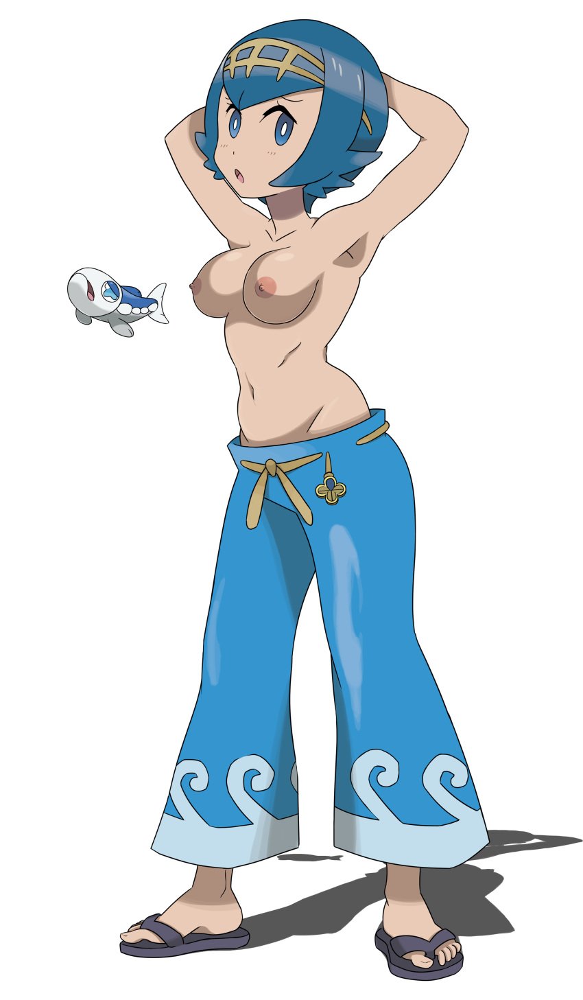 1girls alpha_channel alternate_breast_size ambiguous_gender areolae armpits arms_up blue_eyes blue_hair blue_skin breasts busty feet fish floating hair hairband human lana_(pokemon) mob_face nintendo nipples open_mouth pants png pokemon pokemon_(species) pokemon_sm sandals short_blue_hair short_hair source_request standing toes topless trial_captain white_skin wishiwashi