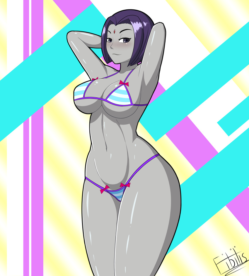 1girls alternate_costume bikini blush breasts cosplay dc dc_comics female female_only fibilis grey_skin me!me!me! meme_(me!me!me!)_(cosplay) purple_hair rachel_roth raven_(dc) short_hair solo stripes teen_titans wide_hips