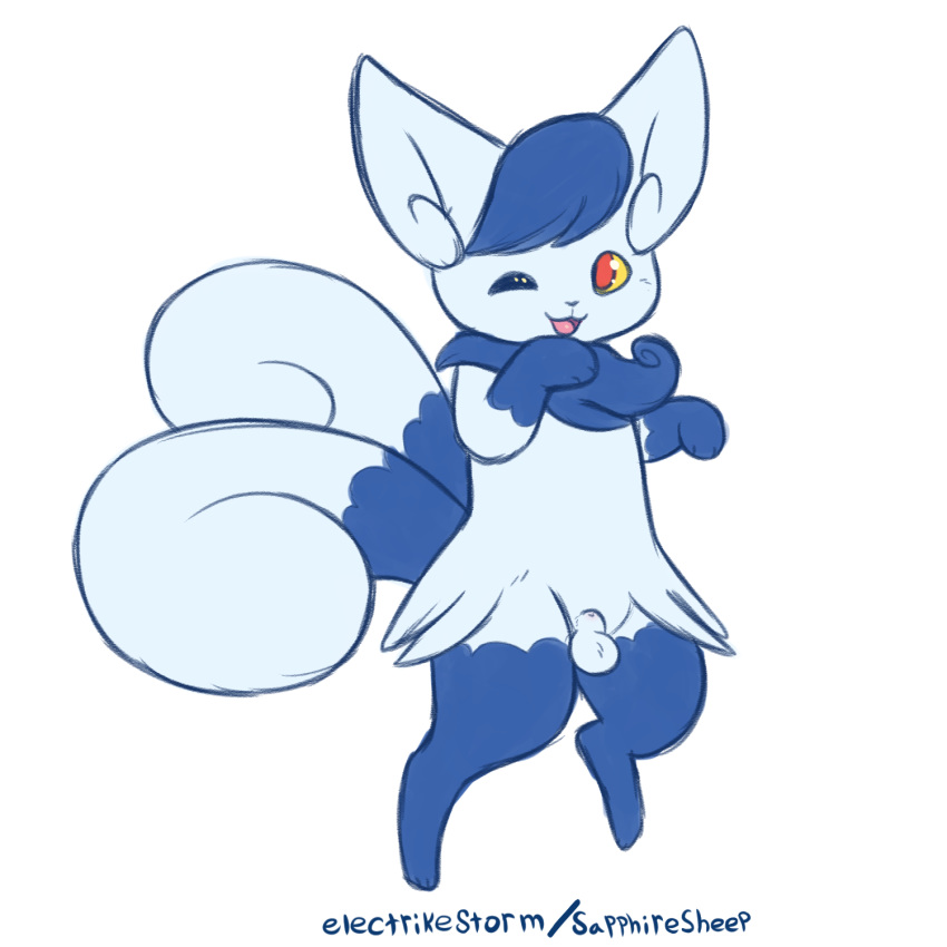 1boy 2018 2_tails animal_genitalia anthro blue_fur cute electrikestorm feet feline femboy fully_sheathed fur furry happy hi_res male male_only mammal meowstic multi_tail nintendo no_nipples one_eye_closed open_mouth paws pokémon_(species) pokemon pokemon_xy red_eyes rule_63 sheath simple_background sketch small_balls small_penis smile solo testicles text video_games watermark white_background white_fur yellow_sclera