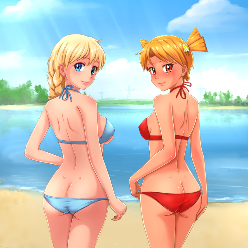 2girls ass ass_cleavage beach blonde_female blue_eyes blue_panties braid butt_crack detailed_background dvach-tan huyase looking_at_viewer medium_breasts multiple_girls red_eyes red_panties sea slavya-chan smile