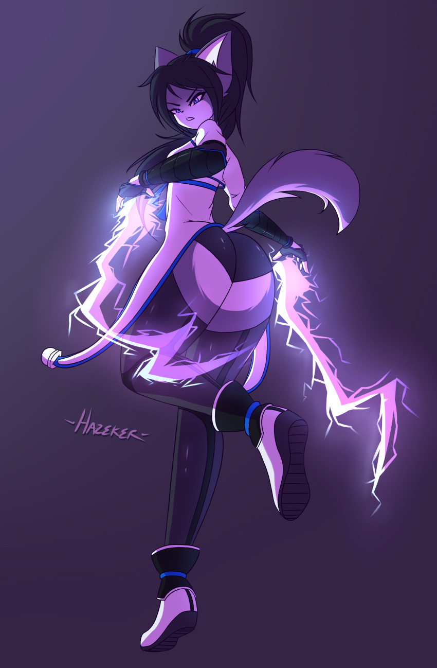 2018 angry anthro big_butt black_hair blue_eyes clothed clothing female furry hazeker lightning looking_at_viewer shina_matsuki simple_background solo thighhighs