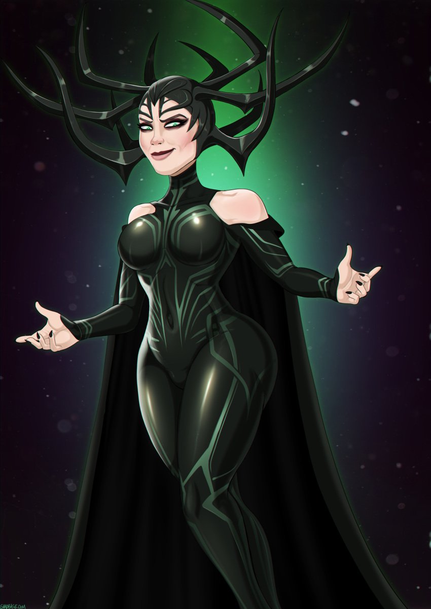 1girls black_nails cate_blanchett disney female female_only glowing goddess green_eyes hela human human_only light-skinned_female light_skin marvel marvel_cinematic_universe milf shadman smile solo standing thor:_ragnarok thor_(series) tight_clothes