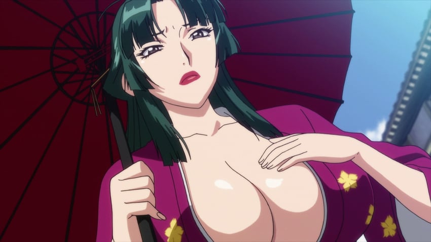 animated bouncing_breasts breast_rub breasts brown_eyes chichi_(manyuu_hikenchou) cleavage female green_hair hoods_entertainment huge_breasts japanese_clothes kaneko_hiraku kimono lipstick long_hair loop makeup manyuu_hikenchou oriental_umbrella parasol screencap umbrella yukata