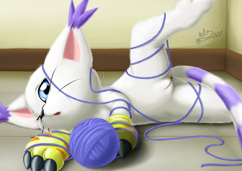 anus ball_of_yarn blue_eyes claws clothed clothing digimon entangled feline female female_only fur gatomon gloves hi_res mammal milesnukem open_mouth pussy solo white_fur yarn