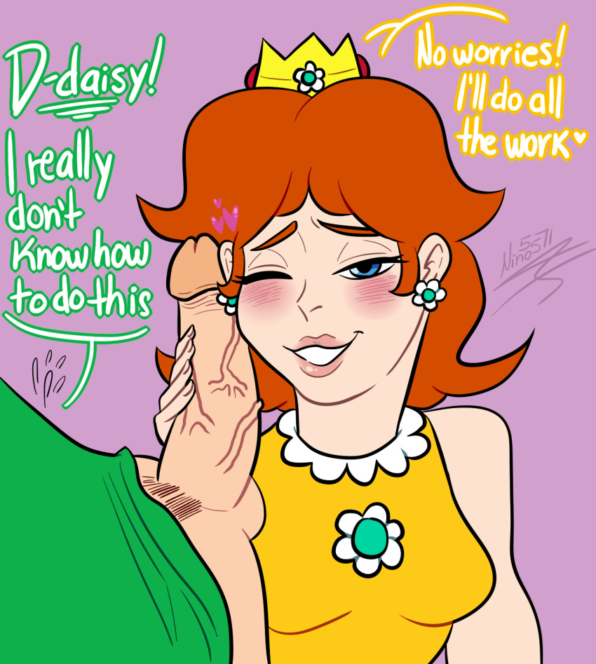 blush handjob luigi mario_(series) mario_tennis nino5571 nintendo one_eye_closed penis penis_on_face princess_daisy unseen_male_face veiny_penis