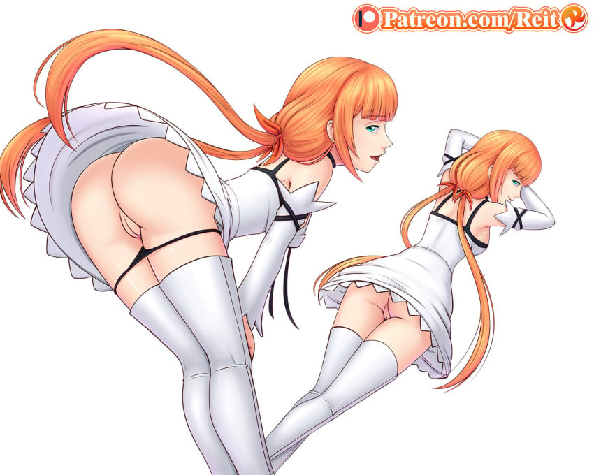 ass blue_eyes dress female innie_pussy kingdom_hearts kingdom_hearts_χ long_hair looking_at_viewer looking_back orange_hair patreon pussy reit skirt smile strelitzia under_skirt