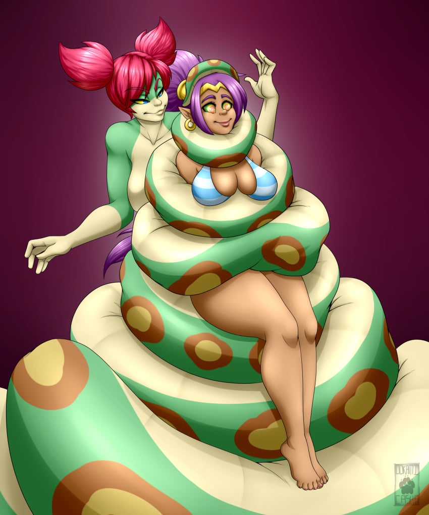 2girls asphyxiation bikini_top cleavage coiled coiling coils constrict constriction earrings female female_only happy_trance hypnosis kaa_eyes lamia mind_control multiple_girls naga ookamicasha restrained shantae shantae_(character) sitting smooth_skin snake squeezing strangling tuki_(shantae) wrap