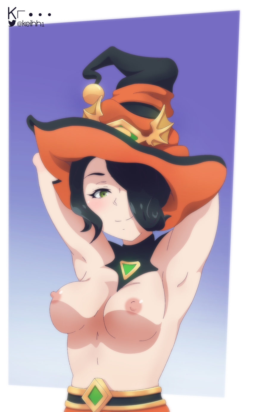 1girls areolae armpits arms_above_head arms_up bewitching_evie black_hair breasts erect_nipples evie_(paladins) female female_only green_eyes hair_over_one_eye human keihh large_breasts looking_at_viewer medium_breasts nipples nude one_eye_covered paladins perky_breasts short_hair smile solo white_skin witch witch_hat