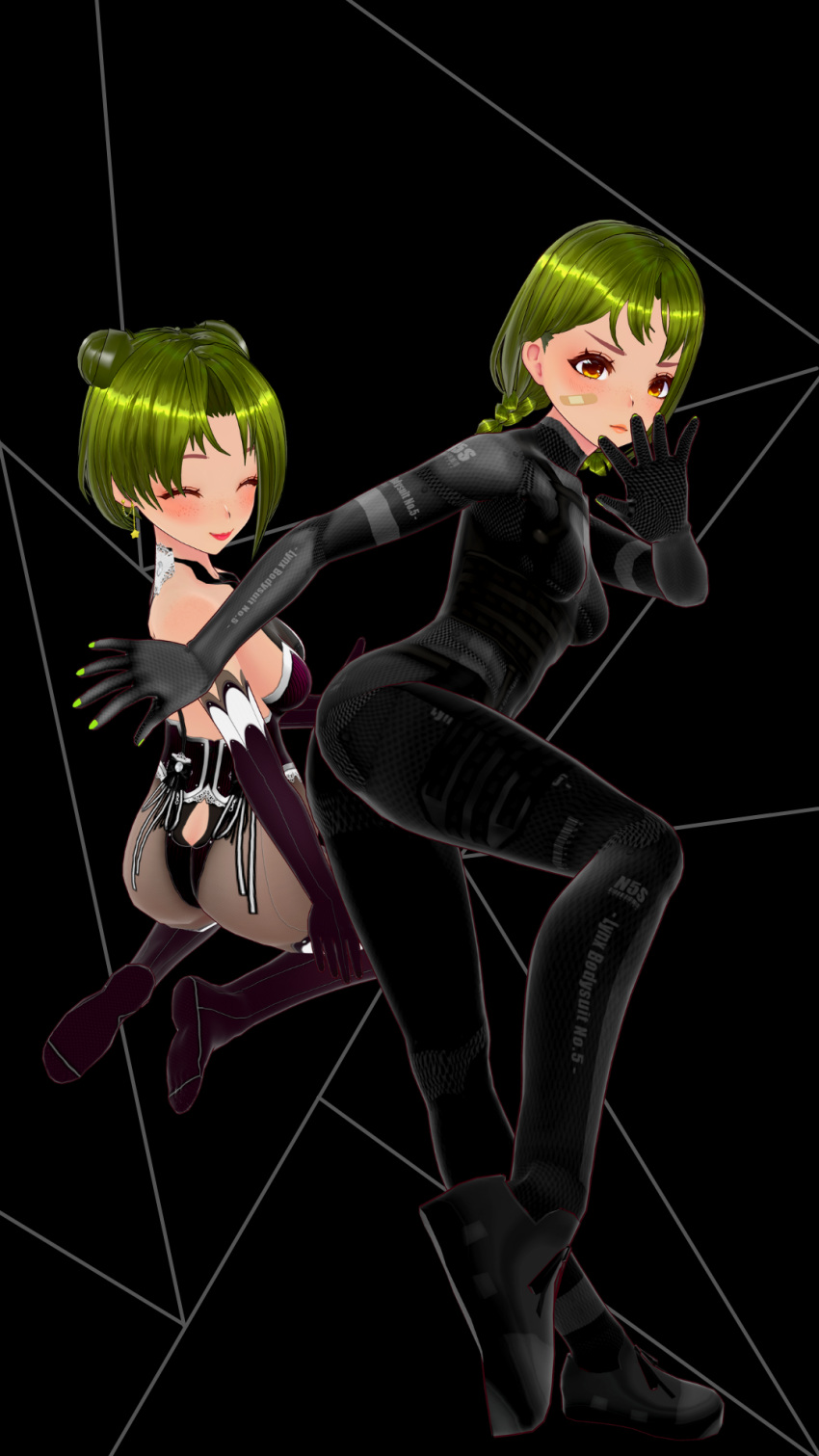 2girls 3d boots brown_eyes clothed clothing colombian ear_piercing earrings female female_focus fingerless_gloves flat_chest gloves green_hair green_nails hispanic hispanic_virtual_youtuber kicking latam_virtual_youtuber light-skinned_female light_skin long_gloves military official_art one_piece_suit one_piece_swimsuit ryumi ryumivt sextember short_hair sitting small_breasts succubus succubus_costume twitch twitch.tv virtual_youtuber vtuber yellow_eyes youtube youtube_hispanic