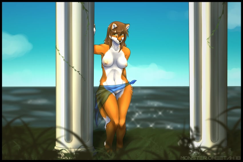 anthro breasts canine clothing excitedcargoyle female fox looking_at_viewer mammal nipples pussy sarong sheer_clothing smile solo standing translucent transparent_clothing wide_hips