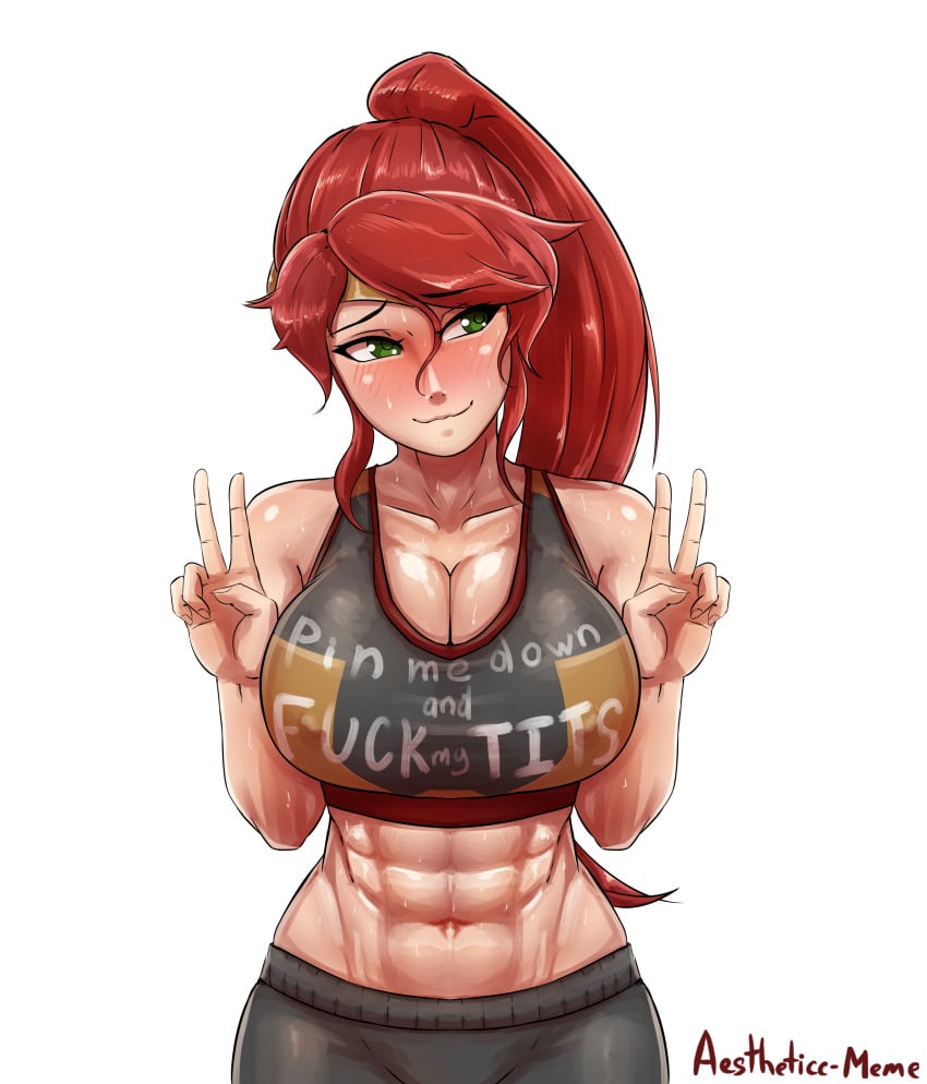 1girls abs absurdres aestheticc-meme bangs big_breasts blush breasts cleavage female female_only fuck-me_shirt high_ponytail highres large_breasts long_hair muscles muscular muscular_female pin-me-down_shirt ponytail pyrrha_nikos red_hair rwby shiny_hair shiny_skin sidelocks solo tank_top v