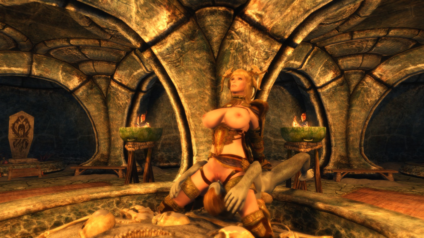 1boy 1girls 3d armor bikini blonde_hair cunnilingus dark_elf dovahkiin dwemer oral skyrim the_elder_scrolls