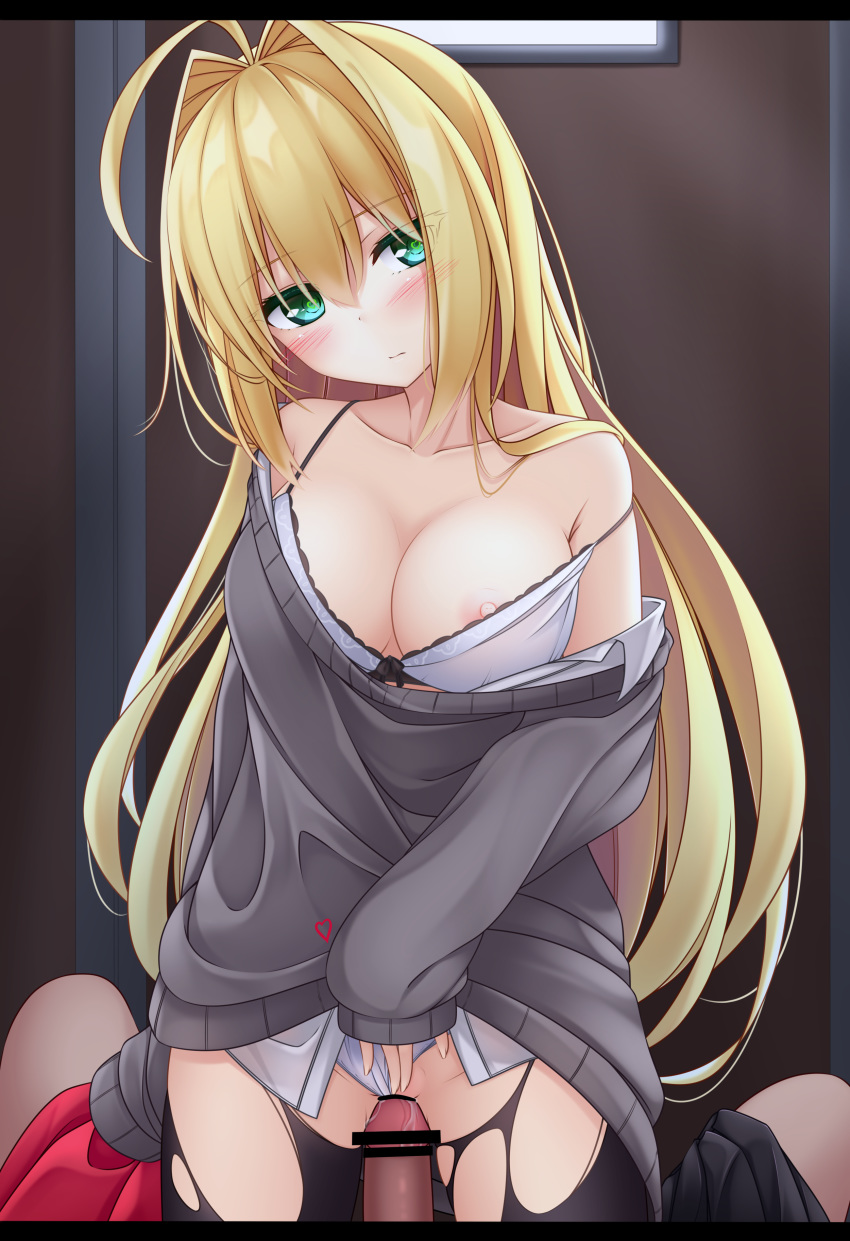 absurdres ahoge blonde_hair blush bow bow_bra bra breasts cardigan censored dress_shirt eyes_visible_through_hair fate/extra fate/grand_order fate_(series) female green_eyes hair_intakes highres letterboxed long_hair looking_at_viewer medium_breasts nero_claudius_(fate) nipples no_pants off_shoulder panties panties_aside pantyhose penis pussy_juice shirt solo_focus strap_pull torn_clothes torn_pantyhose underwear white_bra white_panties yoye_(pastel_white)