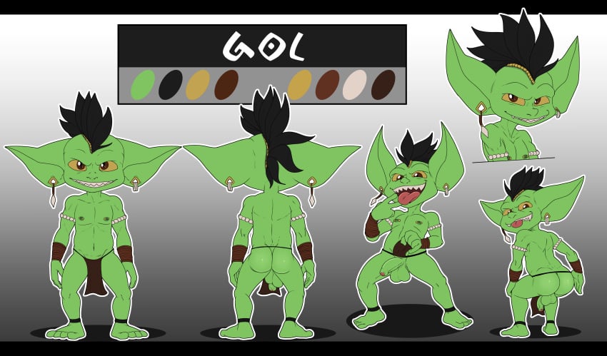 1boy 2017 ass balls clothing color_palette color_swatch ear_piercing goblin goblin_male gol_the_goblin green_skin humanoid jerseydevil jewelry loincloth male male_only model_sheet mohawk naughty_face nipple_piercing nipples penis piercing sharp_teeth smile solo_male spanking teeth tongue tongue_out uncut yellow_eyes