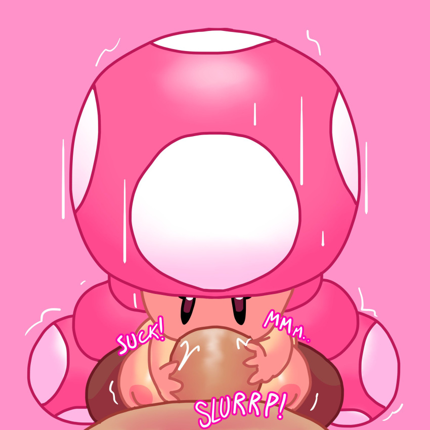 1boy 1girls anon black_eyes blowjob breasts female female_focus itsduskhere male mario_(series) mob_face mushroom mushroom_girl mushroom_humanoid nintendo onomatopoeia penis pigtails pink_background simple_background sound_effects sucking text toadette