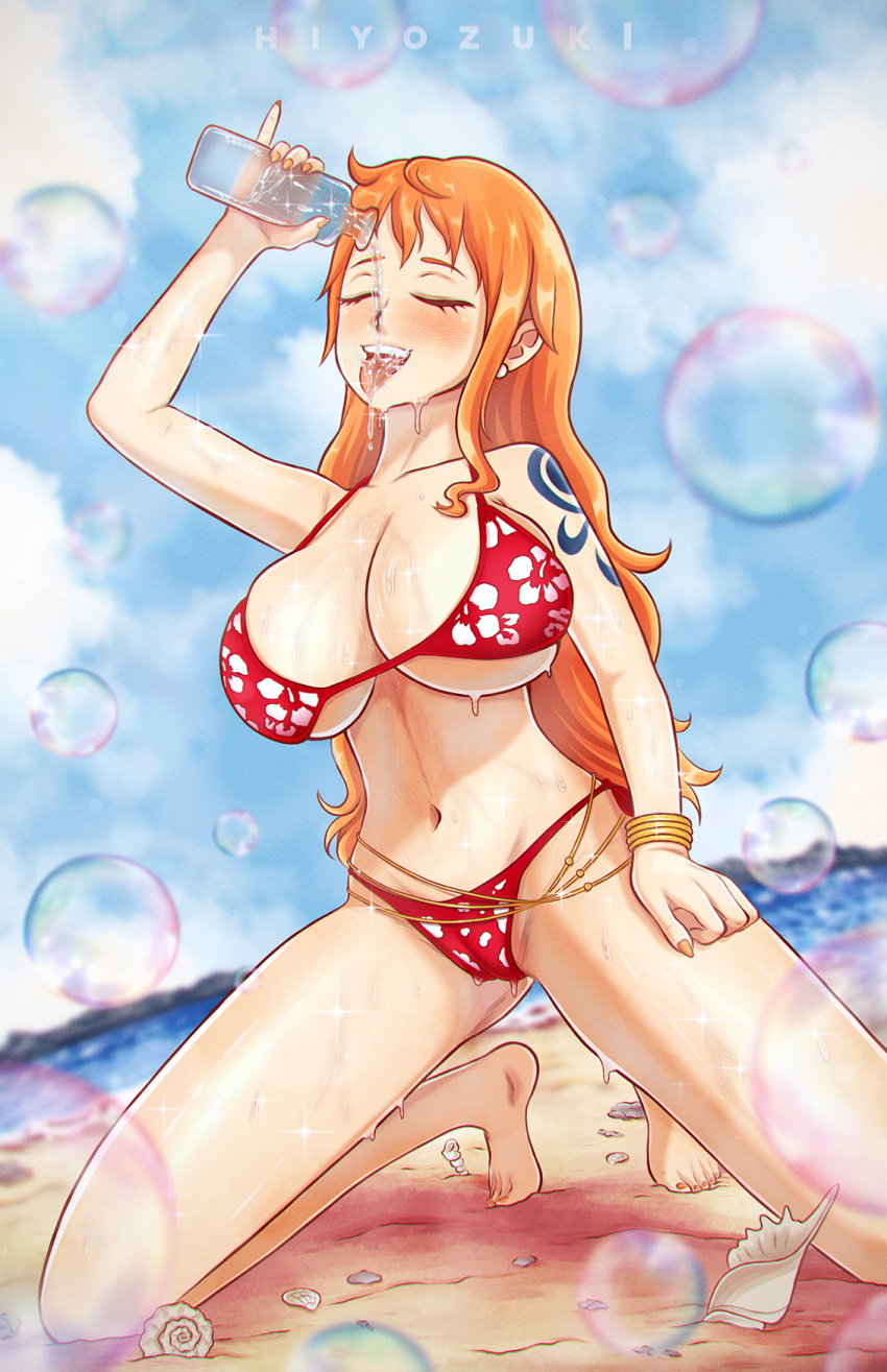 1girls bare_arms bare_legs bare_shoulders bare_thighs beach big_breasts bikini bikini_bottom bikini_top blush clothed clothing color drinking female female_focus female_only hi_res hiyozuki large_breasts light-skinned_female light_skin looking_at_viewer nami nami_(one_piece) one_piece orange_eyes orange_hair post-timeskip sand sea shounen_jump solo solo_female tagme thick_thighs tongue tongue_out water wet